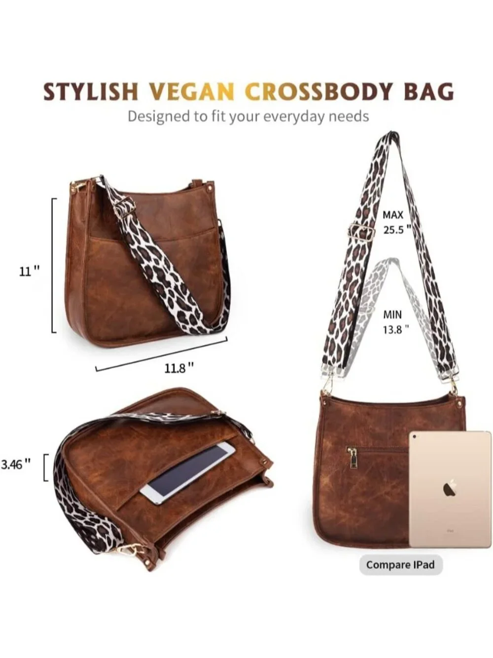 Women's  Dark Brown Leather Small Crossbody Bag Wide Guitar Strap Shoulder Purse